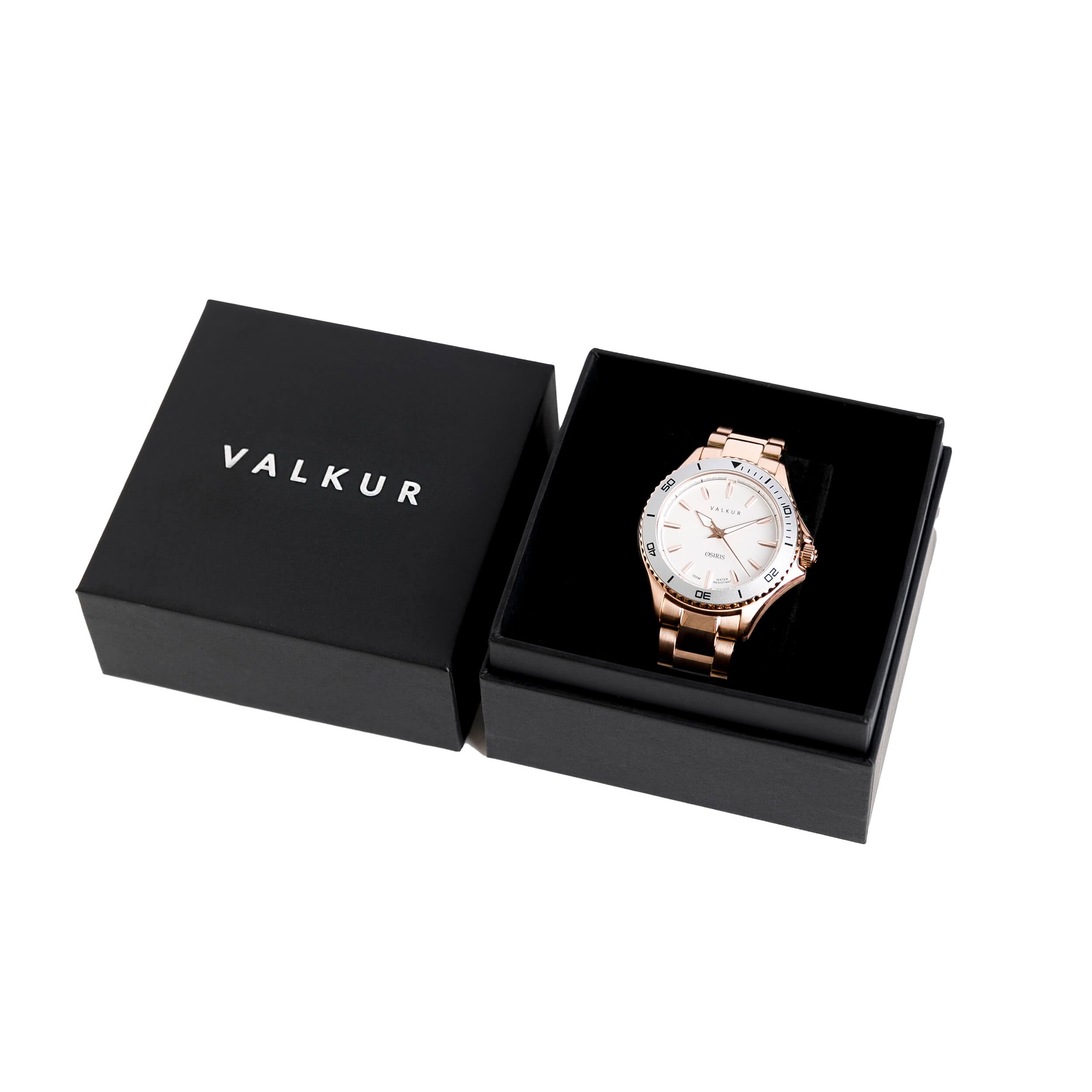 Reloj Valkur modelo Horus acero dorado con bisel plateado y fondo blanco