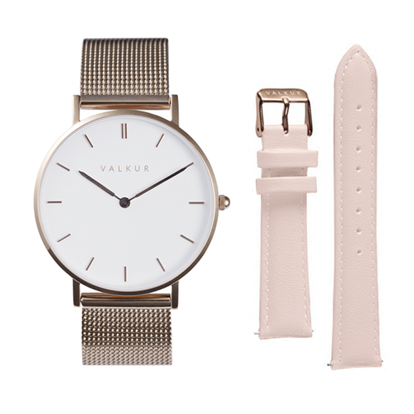 Reloj Valkur para mujer modelo Lena con correa de acero trenzado y caja de acero blanco y dorado