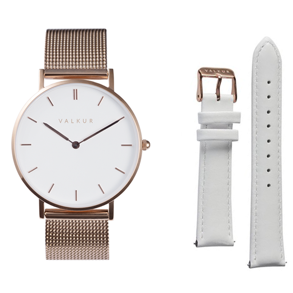 Reloj Valkur para mujer modelo Lena con correa de acero trenzado y caja de acero blanco y dorado