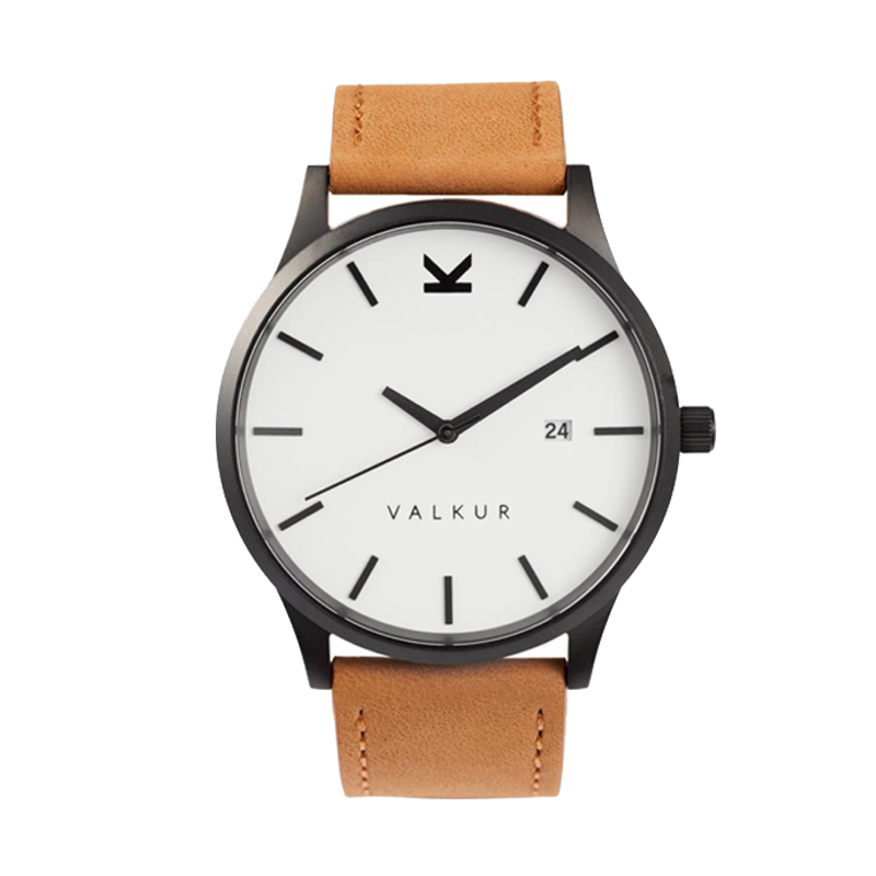Reloj Valkur para hombre modelo Lamont con correa de cuero genuino marron y caja de acero negro y blanco