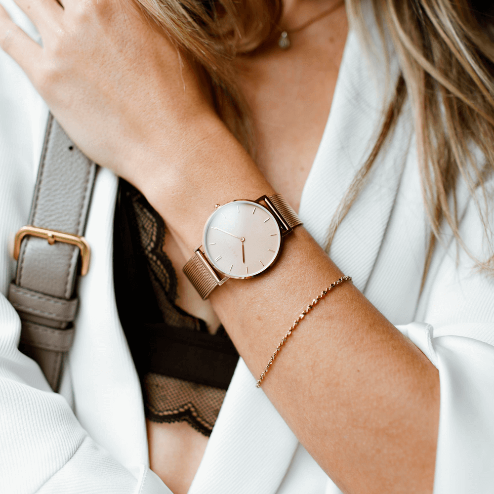 Reloj Valkur para mujer modelo Kaysa con correa de acero trenzado y caja de acero dorado-rose