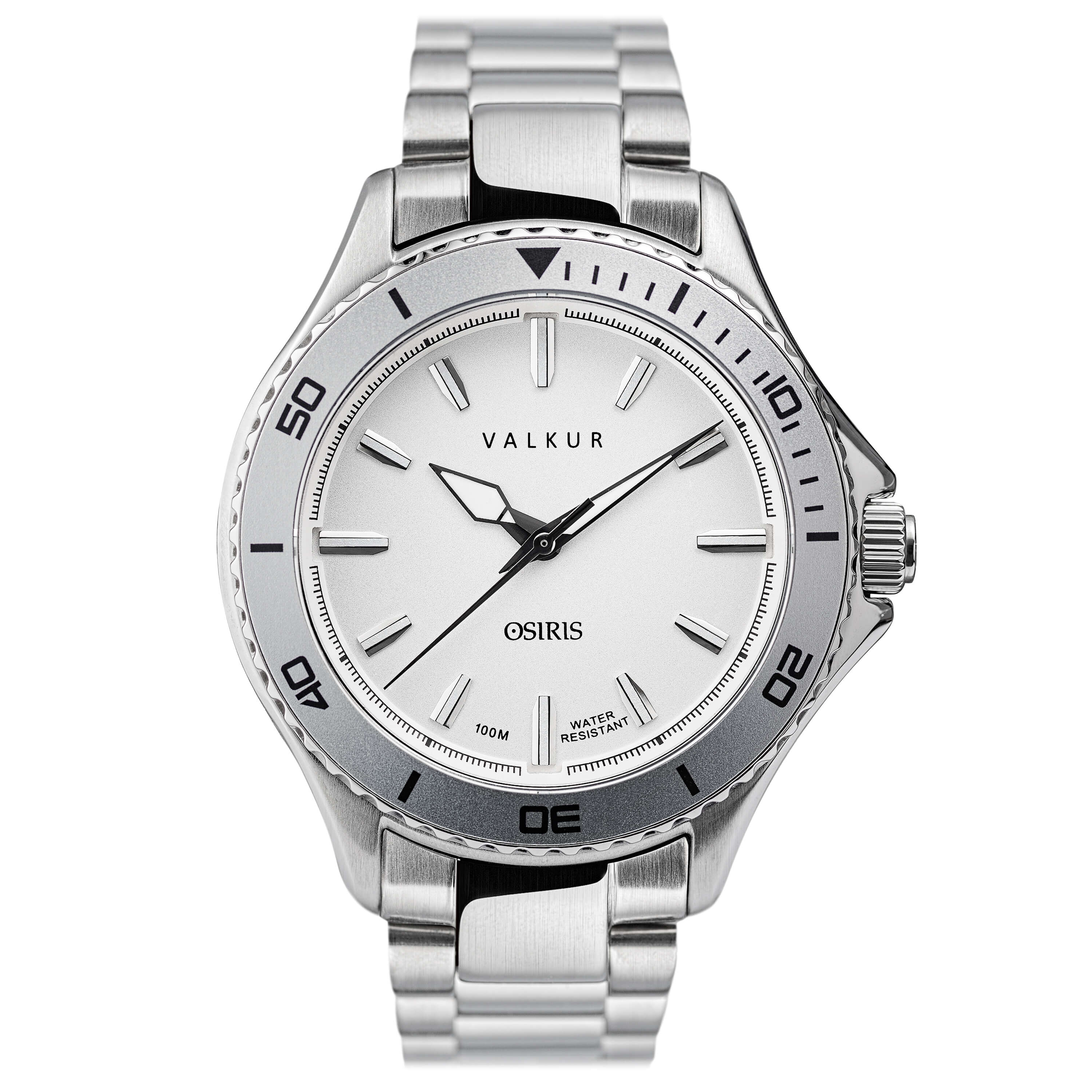 Reloj Valkur modelo Anubis acero plateado con bisel plateado y fondo blanco
