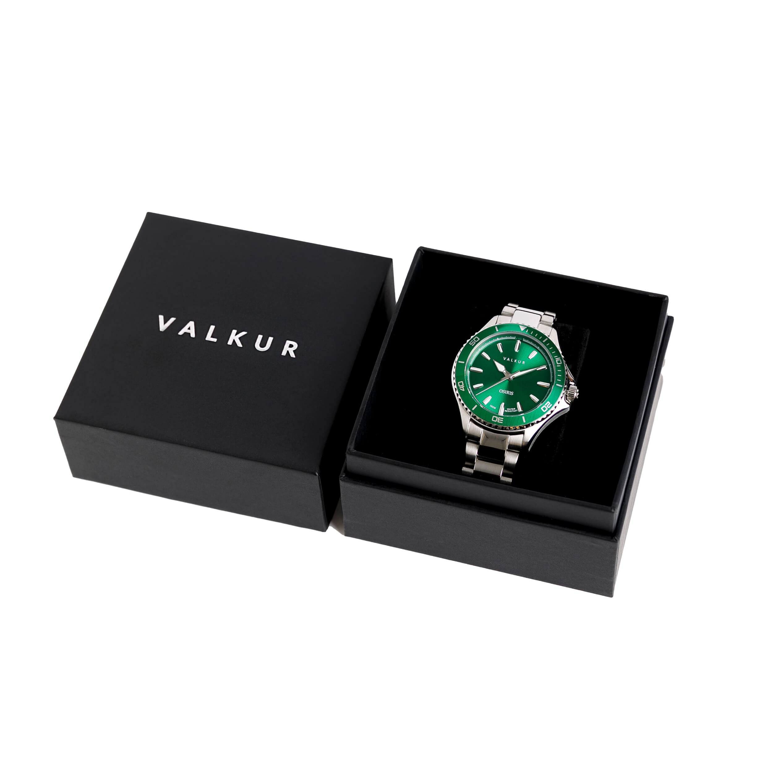 Reloj Valkur modelo Atura acero plateado con bisel verde y fondo verde

