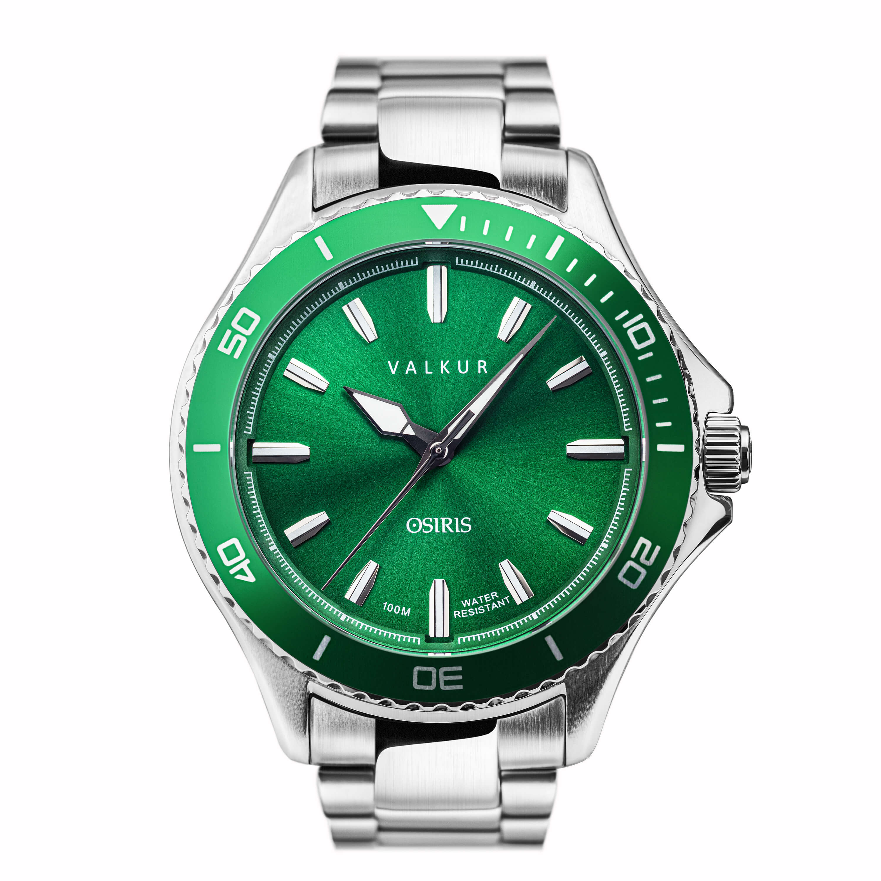 Reloj Valkur modelo Atura acero plateado con bisel verde y fondo verde

