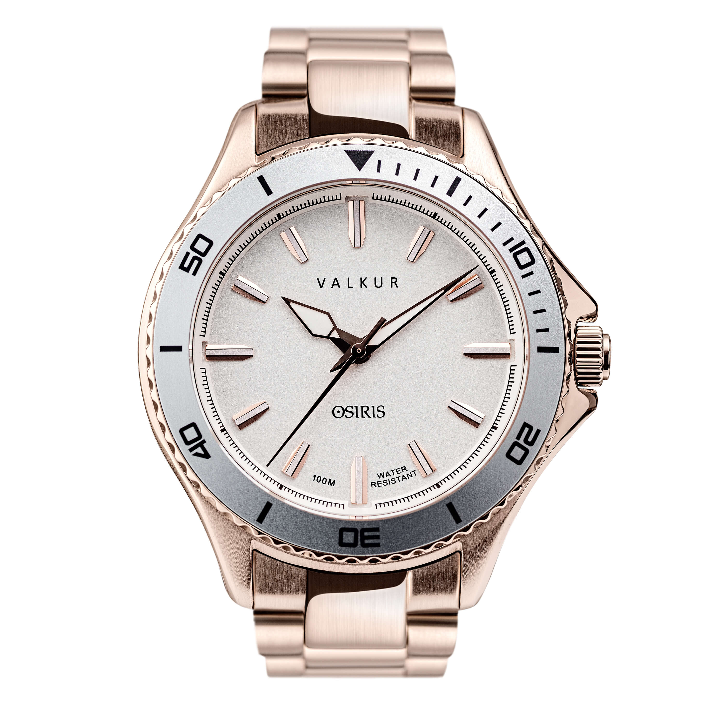 Reloj Valkur modelo Horus acero dorado con bisel plateado y fondo blanco
