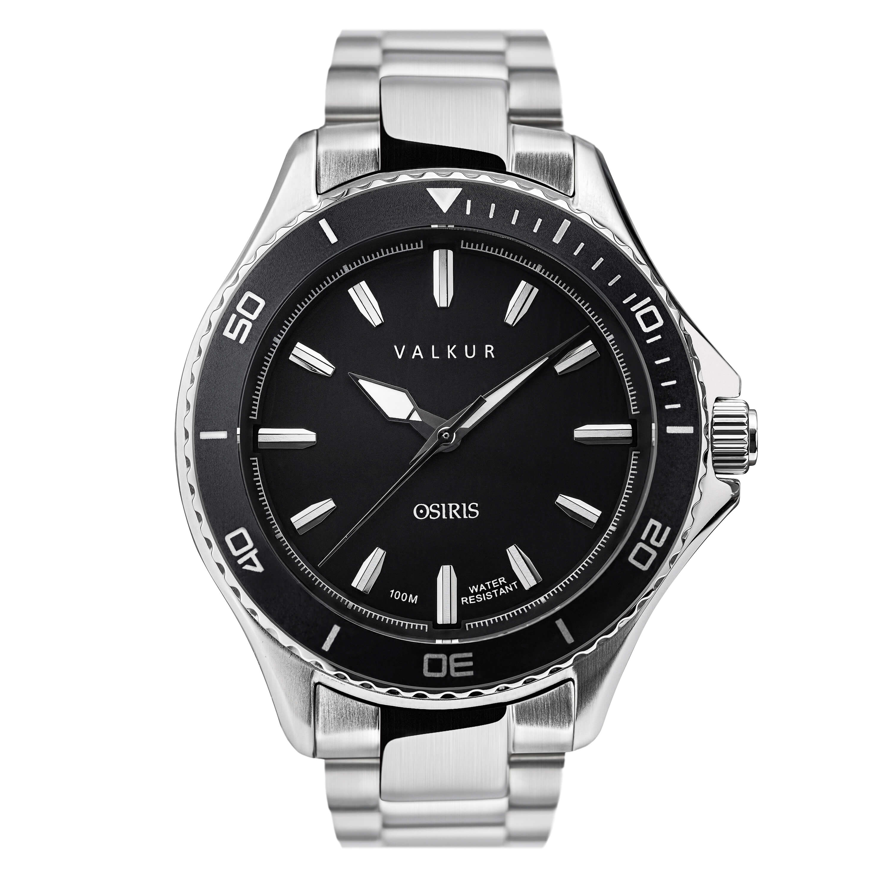 Reloj Valkur modelo Nesut acero plateado con bisel negro y fondo negro
