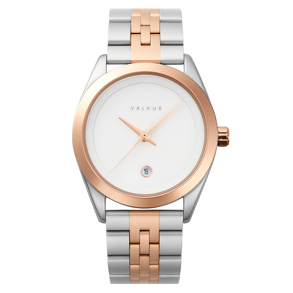 Reloj Valkur para mujeres modelo Agda de acero plateado con bisel dorado y fondo blanco

