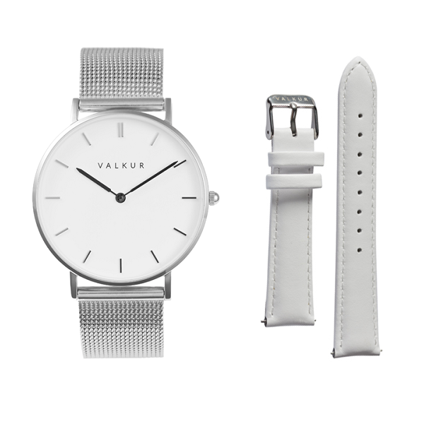 Reloj Valkur para mujer modelo Eyra con correa de acero trenzado y caja de acero blanco y plateado
