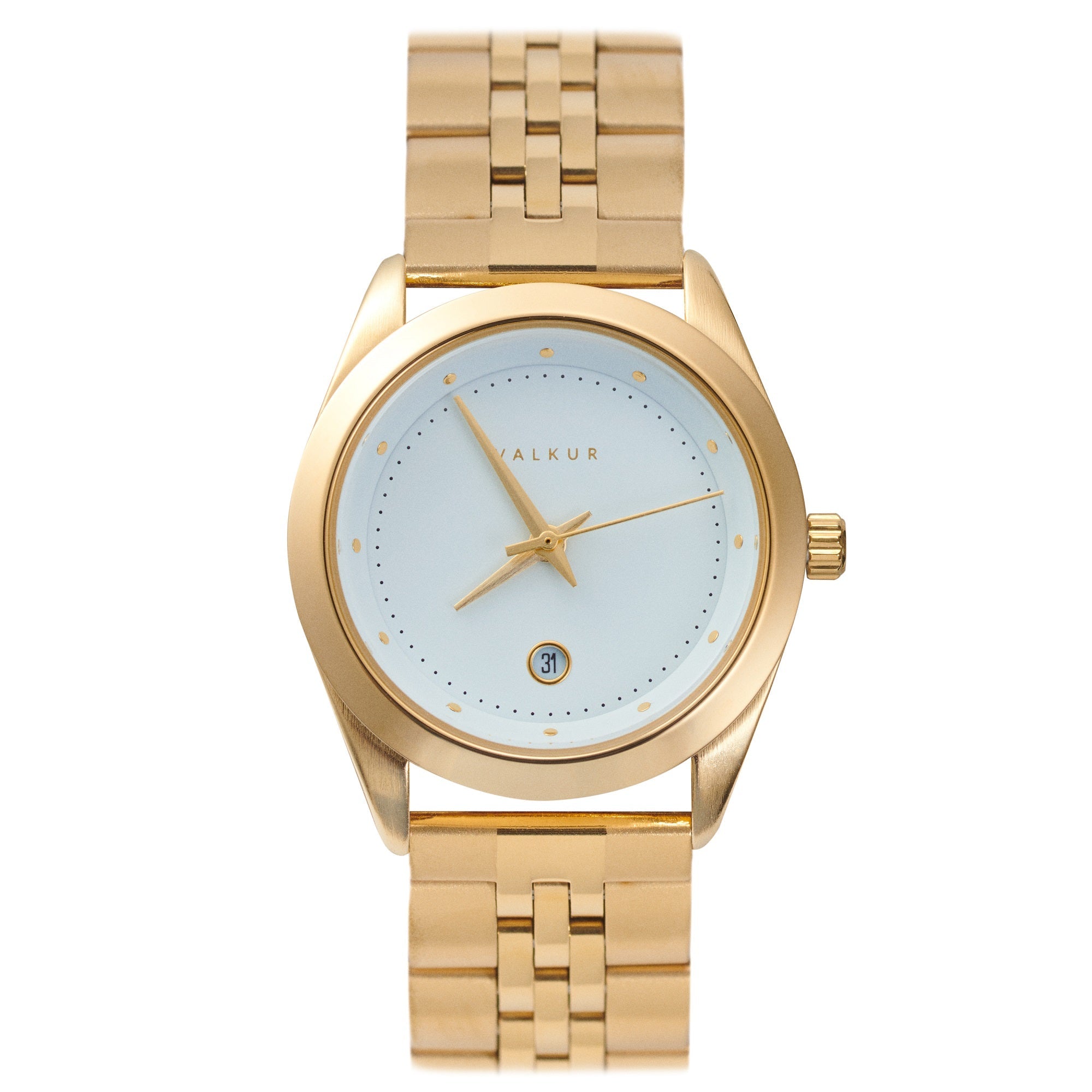 Reloj Valkur para mujeres modelo Lara de acero dorado con bisel dorado y fondo blanco
