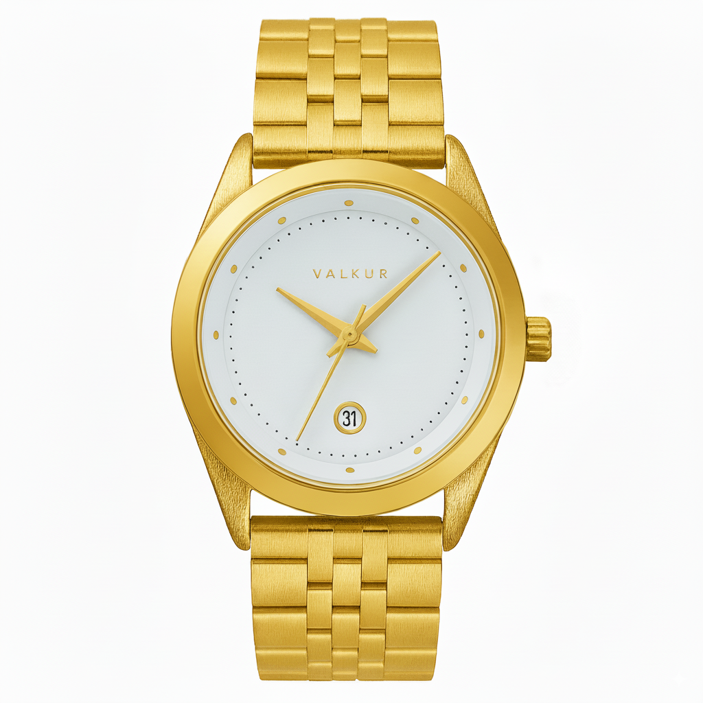 Reloj Valkur para mujeres modelo Lara de acero dorado con bisel dorado y fondo blanco
