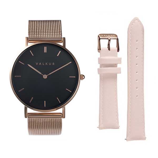 Reloj Valkur para mujer modelo Lena con correa de acero trenzado y caja de acero negro y dorado
