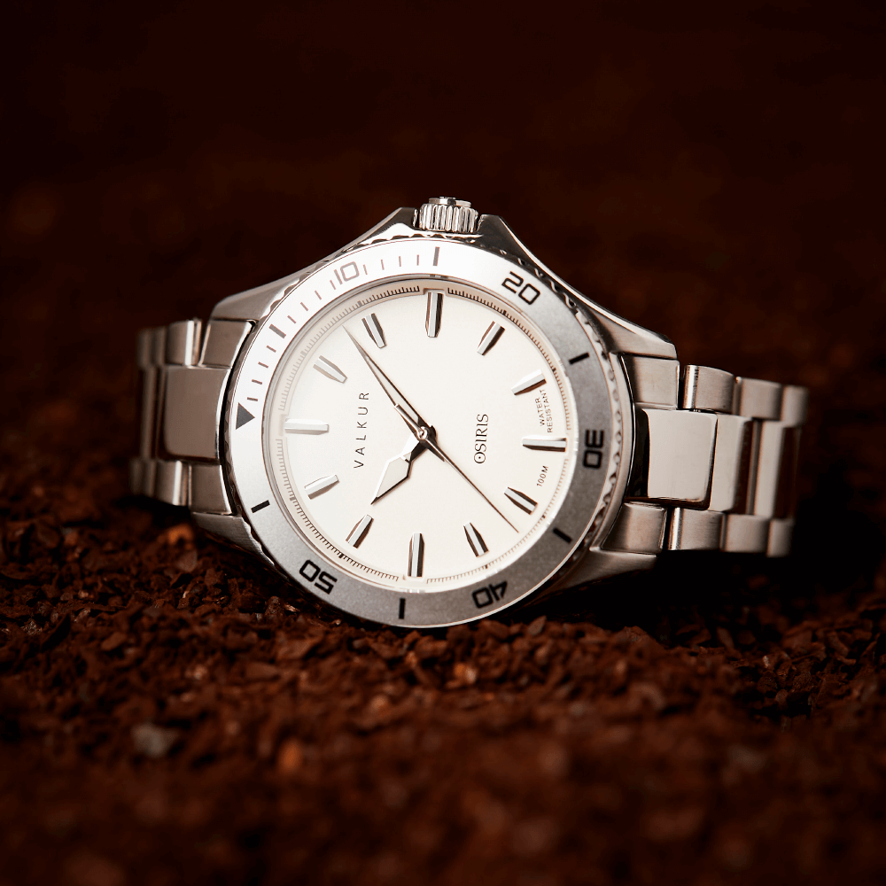 Reloj Valkur modelo Anubis acero plateado con bisel plateado y fondo blanco
