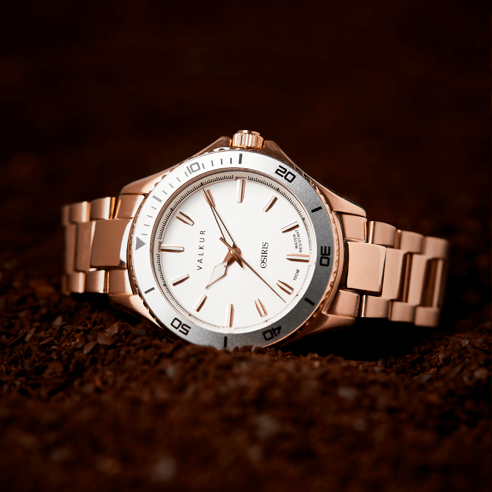 Reloj Valkur modelo Horus acero dorado con bisel plateado y fondo blanco
