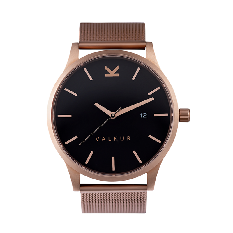 Reloj Valkur para hombre modelo Varall X con correa de acero trenzado y caja de acero negro y dorado
