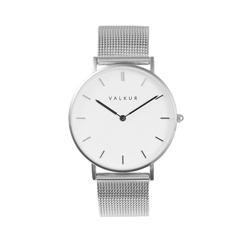 Reloj Valkur para mujer modelo Eyra con correa de acero trenzado y caja de acero blanco y plateado
