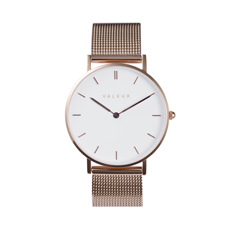 Reloj Valkur para mujer modelo Lena con correa de acero trenzado y caja de acero blanco y dorado
