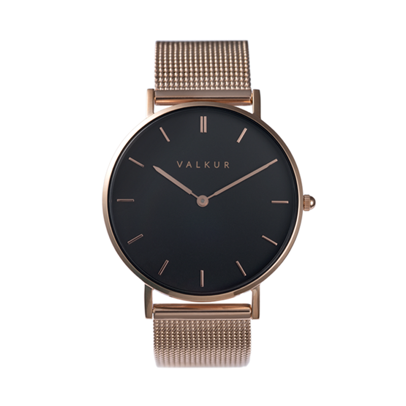 Reloj Valkur para mujer modelo Lena con correa de acero trenzado y caja de acero negro y dorado
